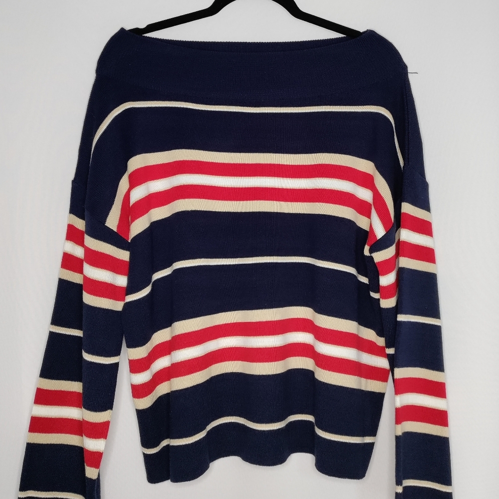Korean Navy and Red Striped Off-the-Shoulder Sweater